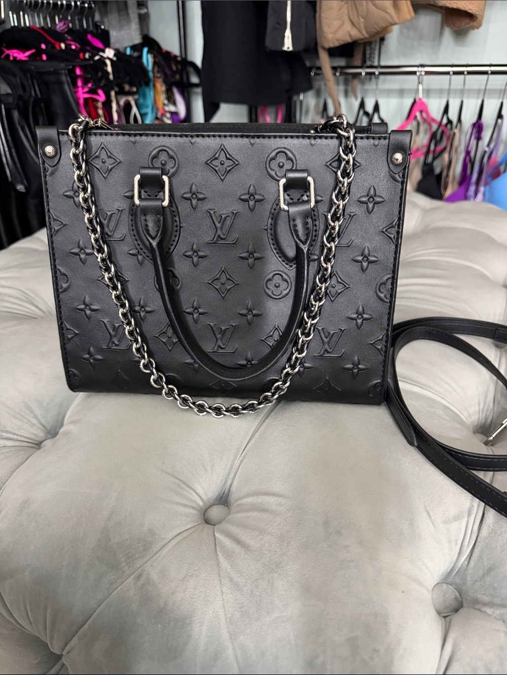 Designer inspired - Black Embossed Monogram Chain Satchel with crossbody strap